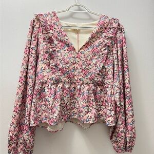 Entro Pink Floral Ruffle V-Neck Peplum Blouse size Large
